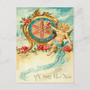 Cherub Angel Rose Clock New Year Holiday Postcard