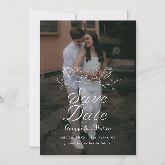 Cherub Cupid Couple Holding Heart Wedding Photo Save The Date (Front)