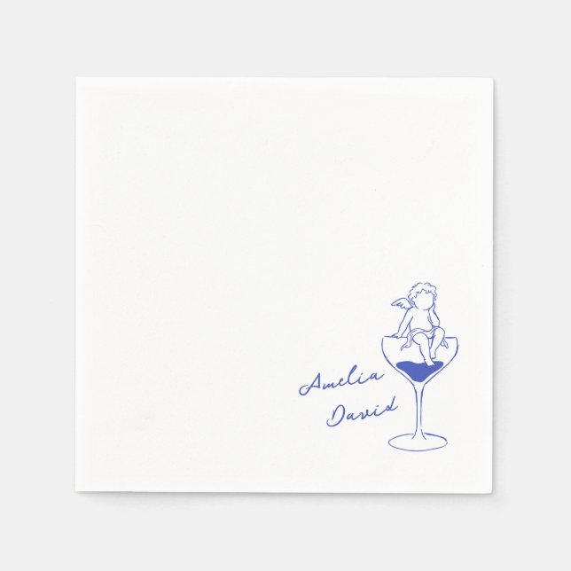 Cherub Cupid Hand Drawn Personalised Wedding  Napkin (Front)