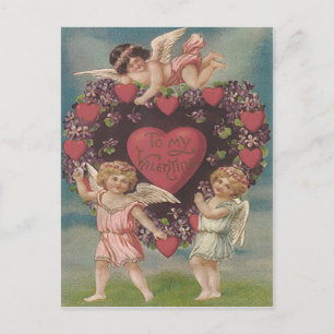 Cherub Cupid Heart Violets Valentine Holiday Postcard