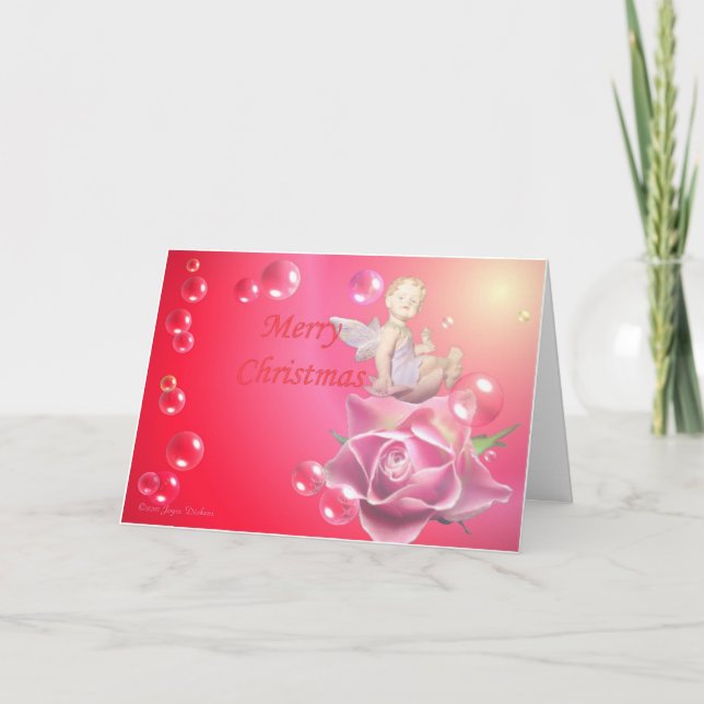 Cherub On A Rose With Bubbles - Merry Christmas Holiday Card (Front)