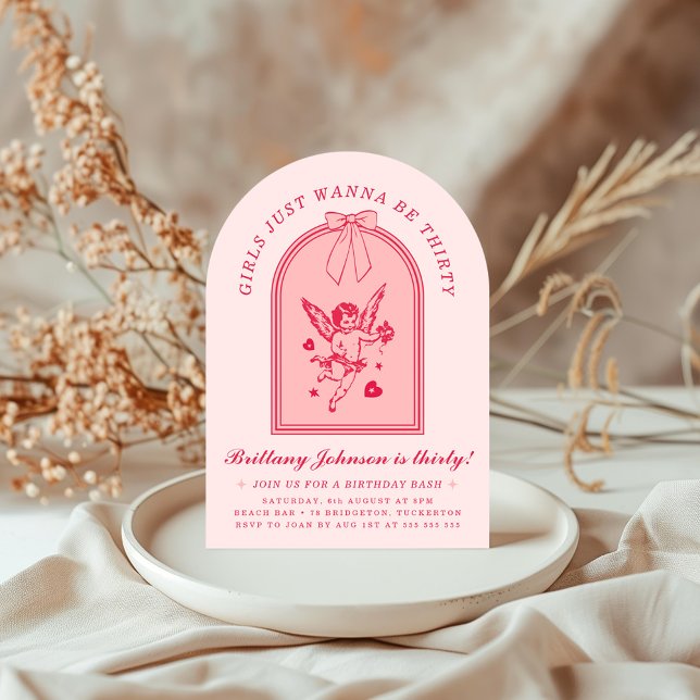 Cherub & Pink Bow Coquette Modern 30th Birthday Invitation (Creator Uploaded)