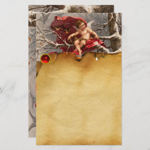 CHERUB,WINTER TREE AND BIRDS Christmas Parchment Stationery