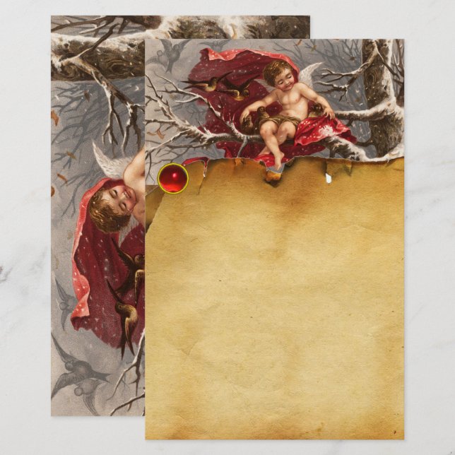 CHERUB,WINTER TREE AND BIRDS Christmas Parchment Stationery (Front/Back)