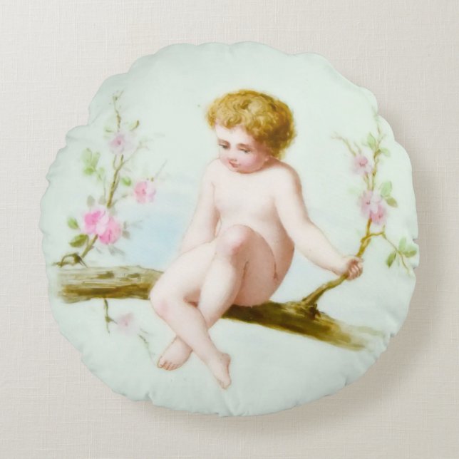 Cherubic Cupid Sits on Pink Flower Vine Swing Round Cushion (Front)