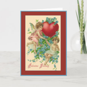 Cherubs and Hearts Vintage Valentine Greetings Holiday Card