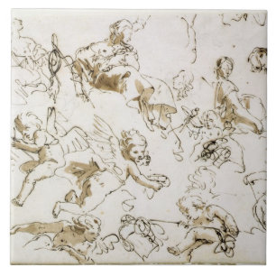 Cherubs, early 18th century (pen and ink and wash tile