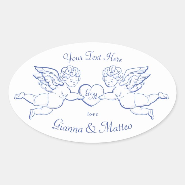 Cherubs Holding Heart Couple Cupids Initials Oval Sticker (Front)