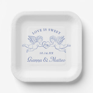 Cherubs Holding Heart Couple Cupids Initials Paper Plate