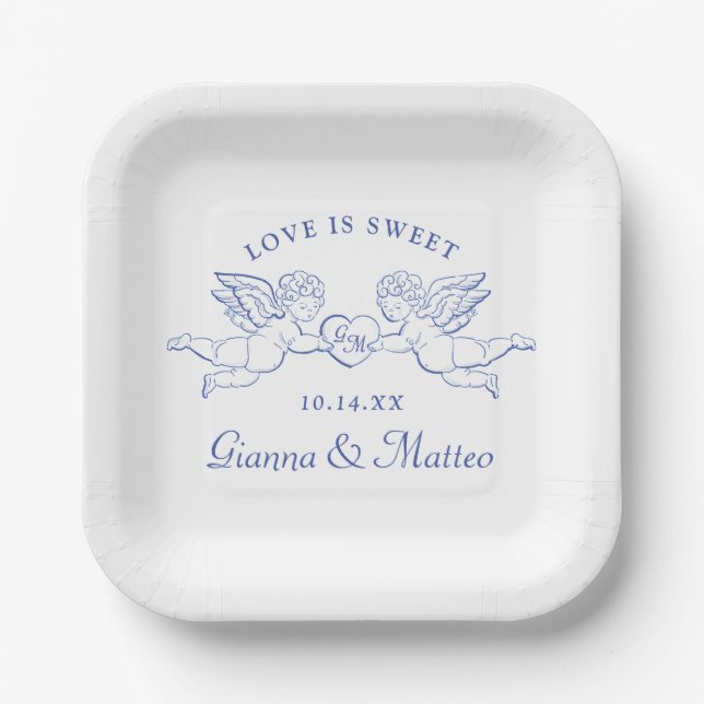 Cherubs Holding Heart Couple Cupids Initials Paper Plate (Front)