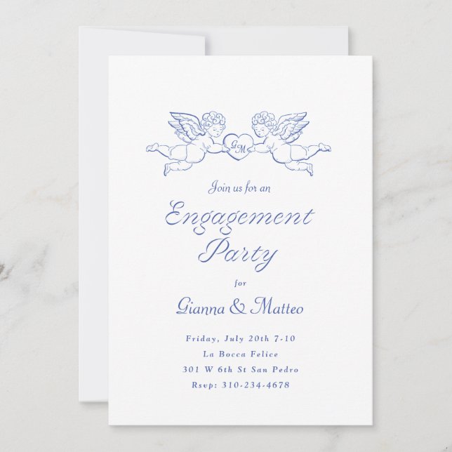 Cherubs Holding Heart Couples Engagement Party Invitation (Front)
