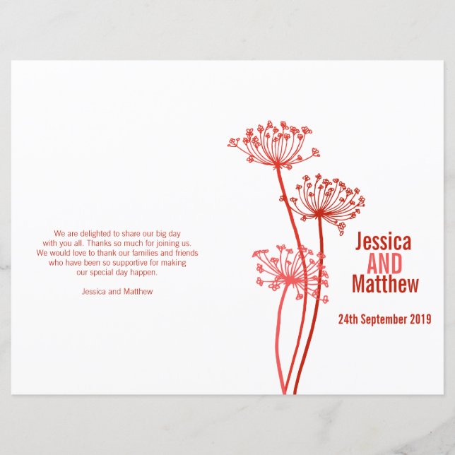 Chervil graphic red flower Wedding Programme (Front)