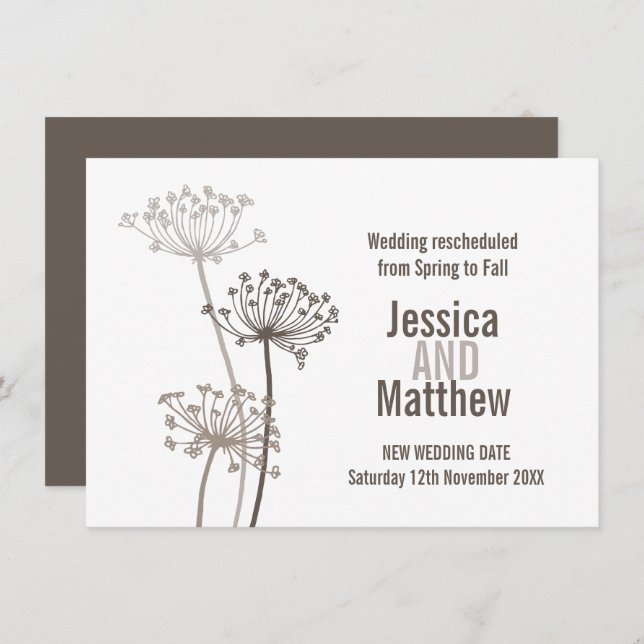 Chervil modern flower brown wedding rescheduled invitation (Front/Back)