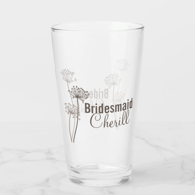 Chervil modern flower ink art brown wedding favour glass (Back)