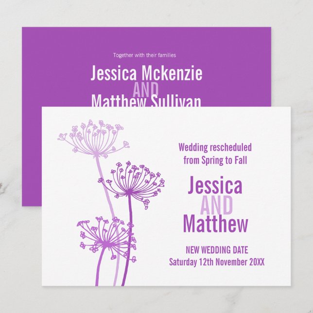 Chervil modern flower purple wedding rescheduled invitation (Front/Back)