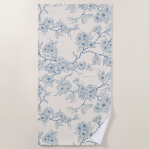 Chery blossom branches in blue and off white beach towel