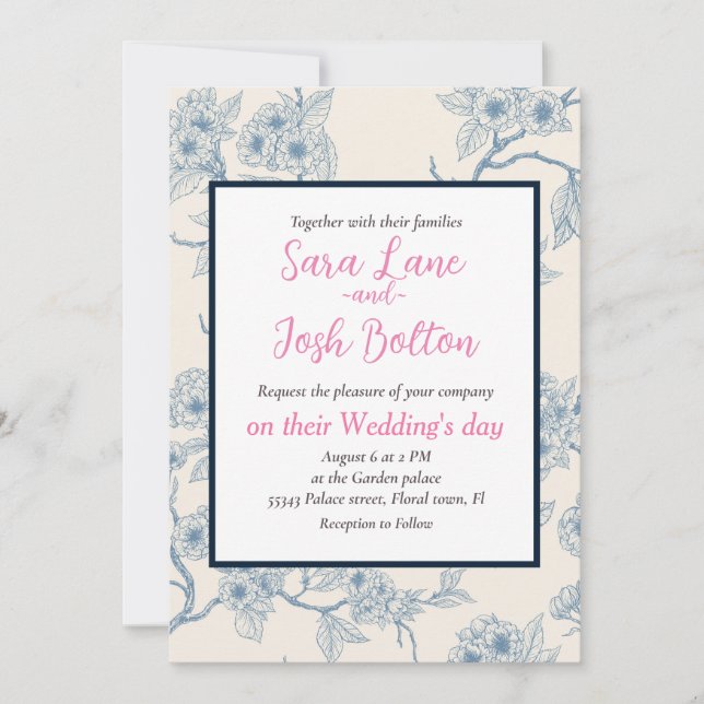 Chery blossom branches in blue and off white invitation (Front)