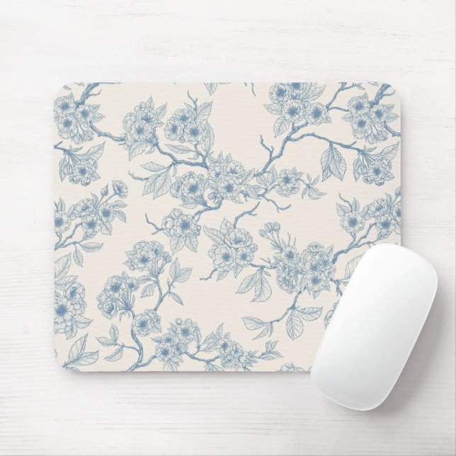 Chery blossom branches in blue and off white mouse mat (With Mouse)