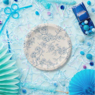 Chery blossom branches in blue and off white paper plate
