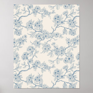 Chery blossom branches in blue and off white poster