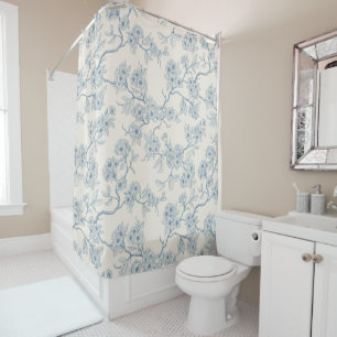 Chery blossom branches in blue and off white shower curtain