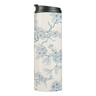 Chery blossom branches in blue and off white thermal tumbler