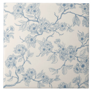 Chery blossom branches in blue and off white tile