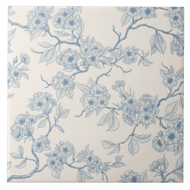 Chery blossom branches in blue and off white tile (Front)