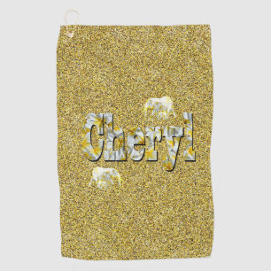 Cheryl, Name On Gold With Frangipani Elephants,  Golf Towel