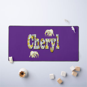 Cheryl Name With Elephants, Desk Mat