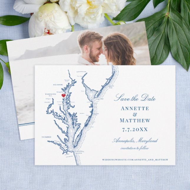 Chesapeake Bay Annapolis MD Navy Blue Wedding Save The Date (Annapolis MD Wedding Map Save the Date with Photo in elegant navy blue from Coastal Map Designs)
