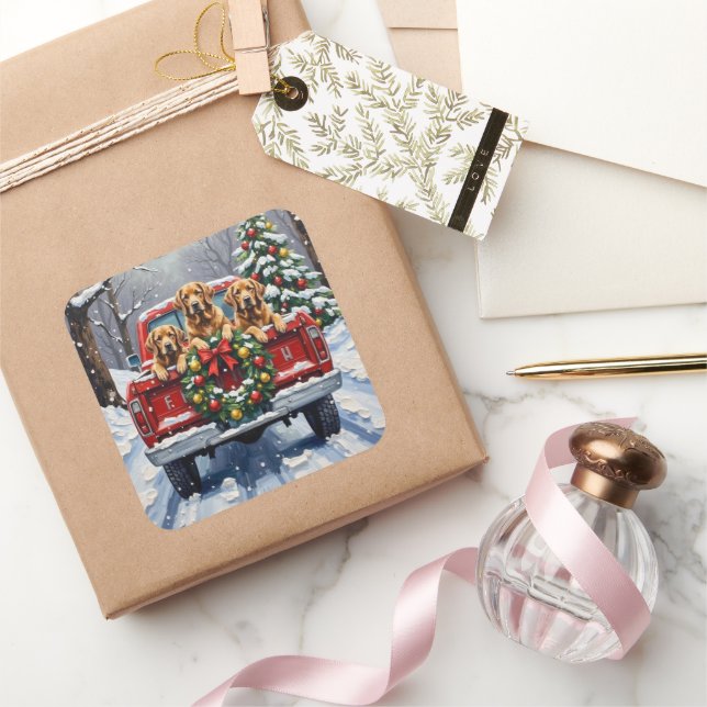 Chesapeake Bay Retriever Christmas Red Truck  Square Sticker (Gifting)