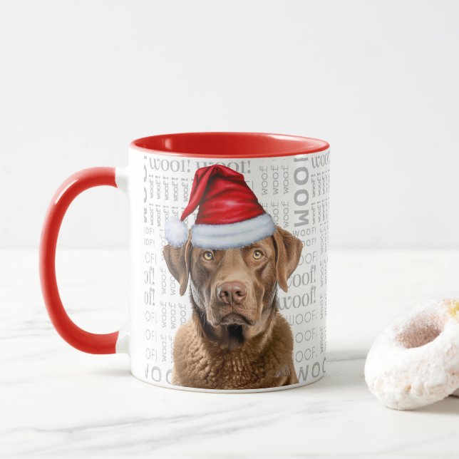 Chesapeake Bay Retriever Dog Santa Woof Background Mug (With Donut)