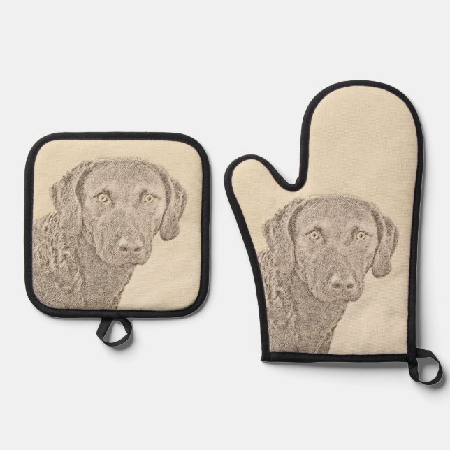 Chesapeake Bay Retriever Painting Original Dog Art Oven Mitt & Pot Holder Set (Front)