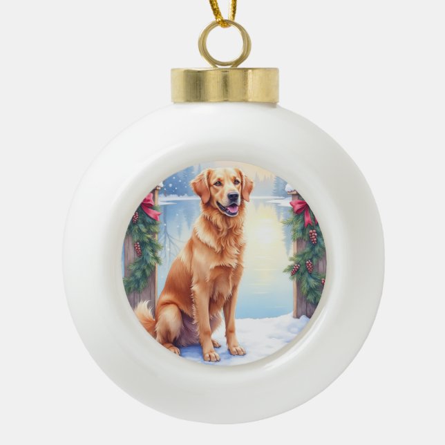 Chesapeake Bay Retriever Winter Lakeside Christmas Ceramic Ball Christmas Ornament (Front)