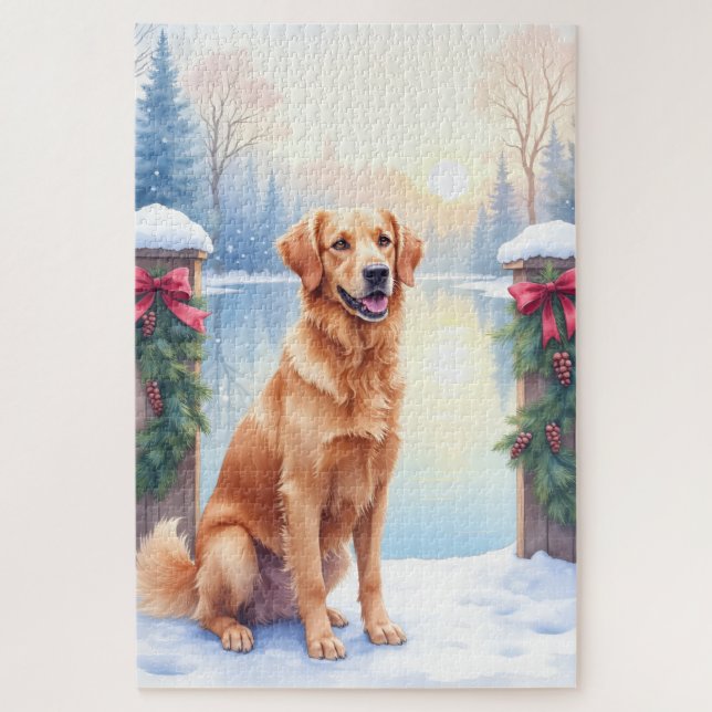Chesapeake Bay Retriever Winter Lakeside Christmas Jigsaw Puzzle (Vertical)