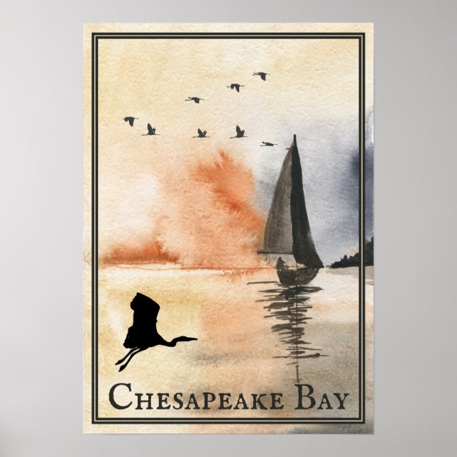 Chesapeake Bay Sailboat and Birds Sunset Poster (Front)