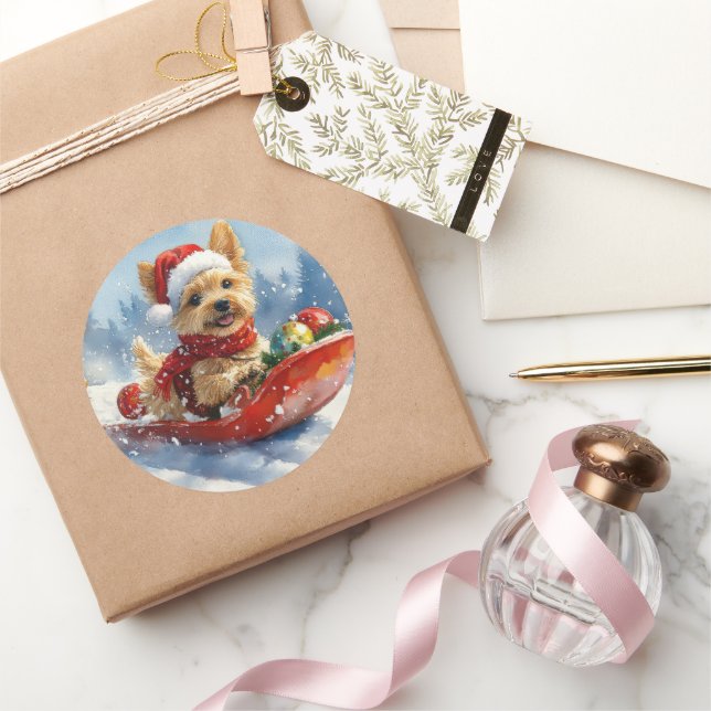 Chesapeake Bay Terrier Dog in Sledge Christmas Classic Round Sticker (Gifting)