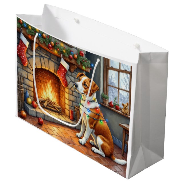 Chesapeake Bay Terrier Fireplace Christmas Lights Large Gift Bag (Front Angled)