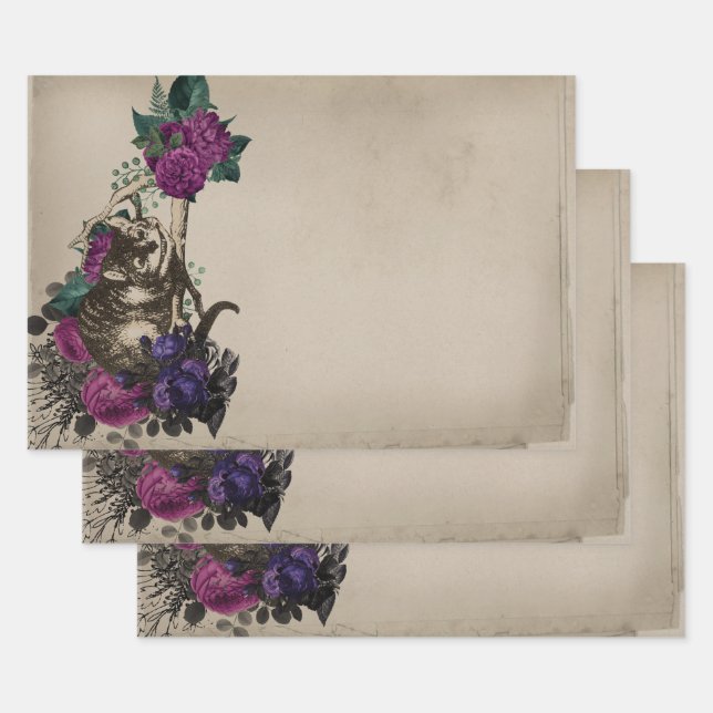 Cheshire Cat and Purple Floral Alice in Wonderland Wrapping Paper Sheet (Set)