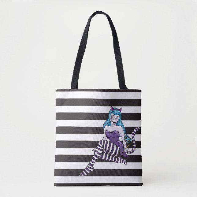 Cheshire Cat stripes reusable tote black stripe Bag (Front)