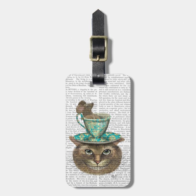 Cheshire Cat with Cup on Head Luggage Tag (Front Vertical)