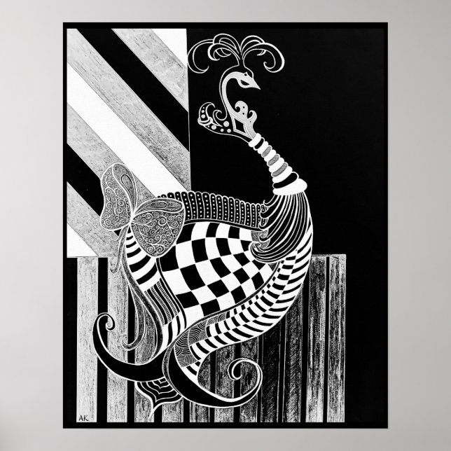 Chess and Bow NIGHT ink peacock illustration Poster (Front)