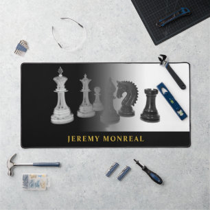 Chess Black and White Pieces Watercolor Gold name Desk Mat