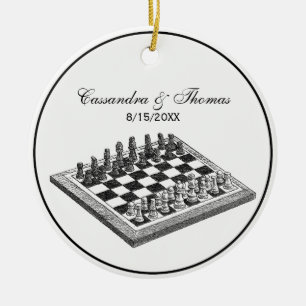 Chess Board and Chess Pieces Vintage Art Ceramic Tree Decoration