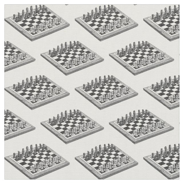 Chess Board and Chess Pieces Vintage Art Fabric (Close Up)