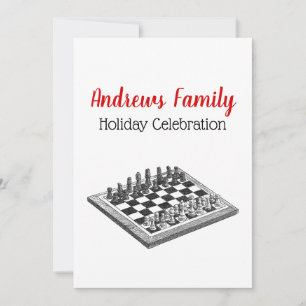 Chess Board and Chess Pieces Vintage Art Xmas Invitation