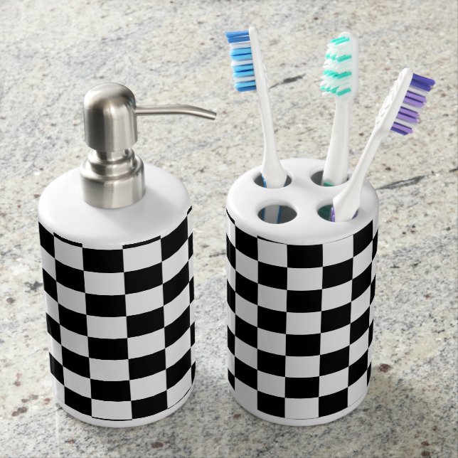 Chess Board Black and White Tiles Soap Dispenser And Toothbrush Holder (Front)