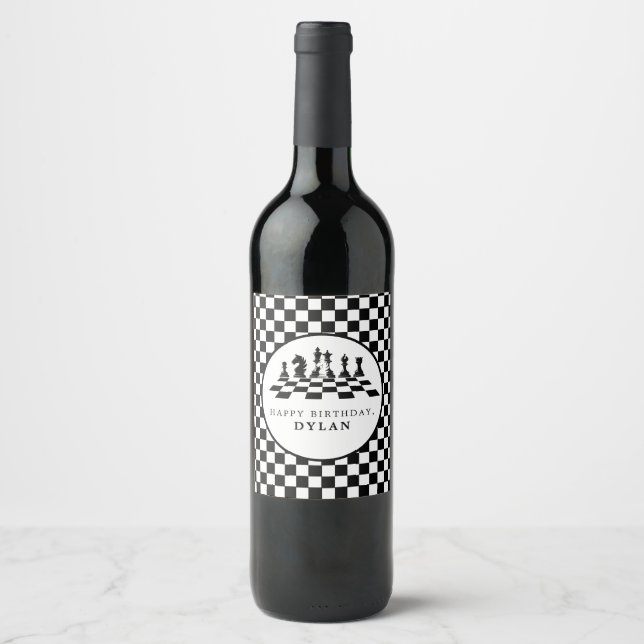 Chess Board & Pieces Game Night Any Age Birthday Wine Label (Front)
