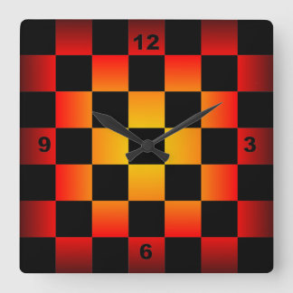 Chess ~ Checkerboard Clock Black & Fire Background